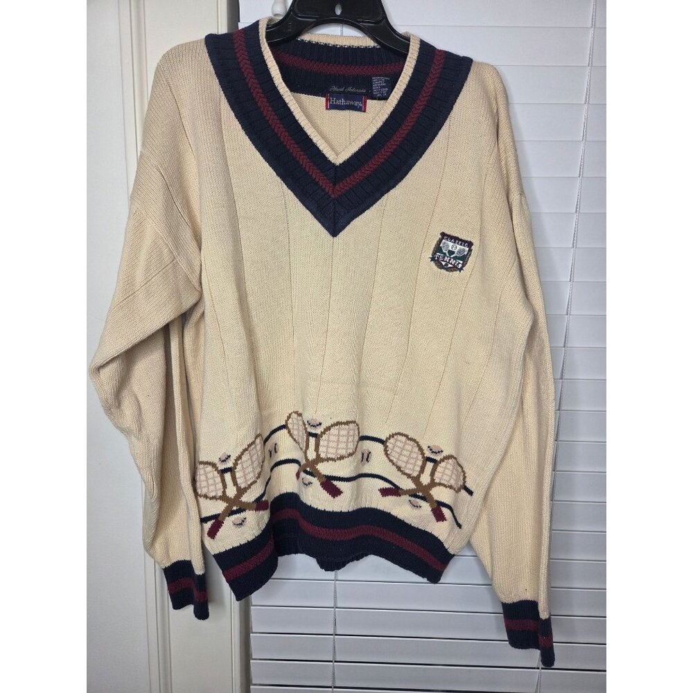 VTG Mens Tennis Sweater L Beige V-Neck Cotton Cable Knit Racket design Preppy